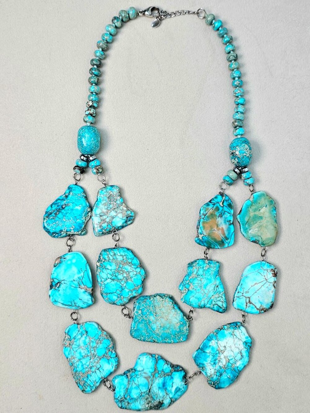 Blue Jasper Double Strand Statement Necklace Slab Bib Silver Tone OS - Picture 6 of 6